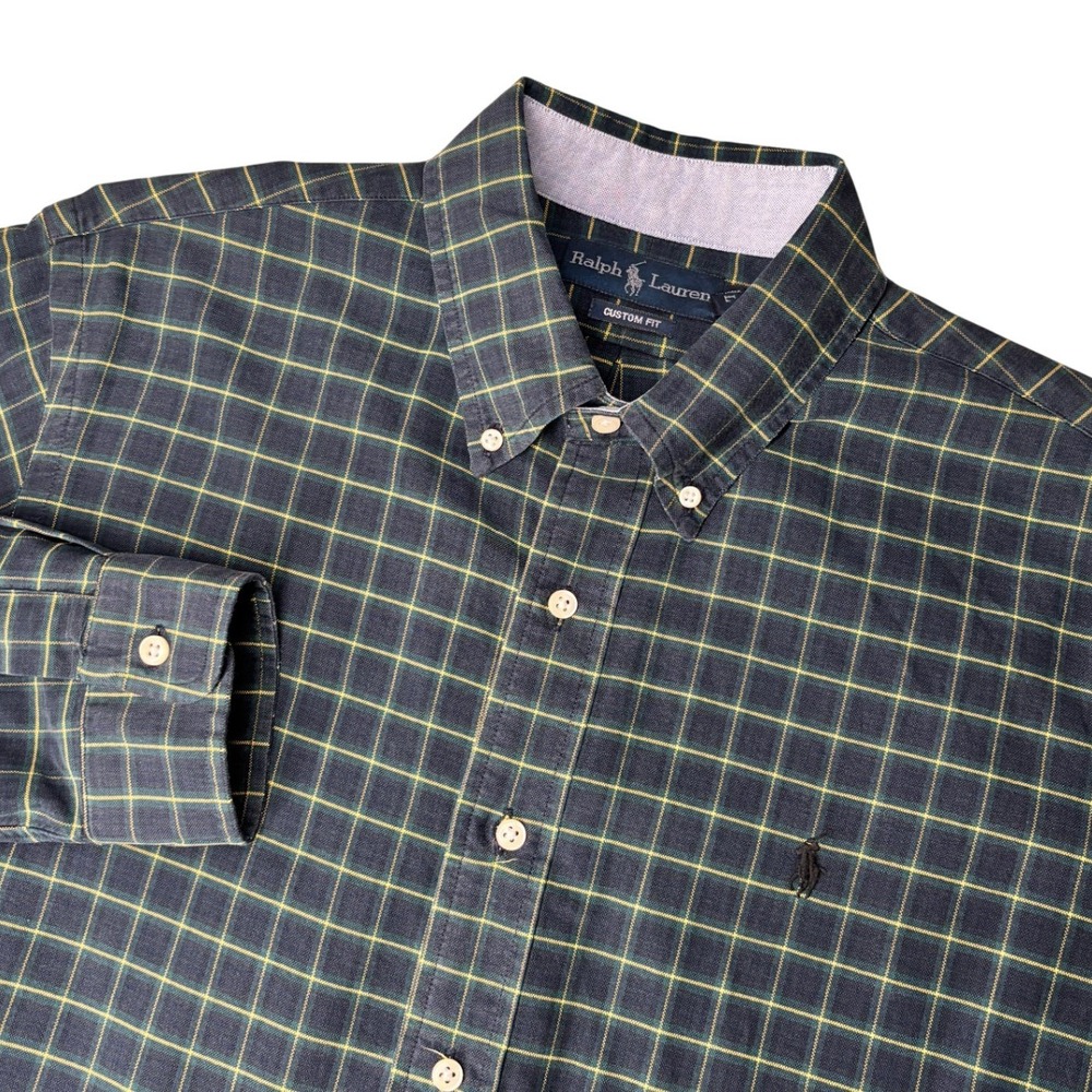 Ralph Lauren Button Down Shirt Mens L Navy Blue Yellow Grid Custom Fit Plaid - Picture 1 of 13